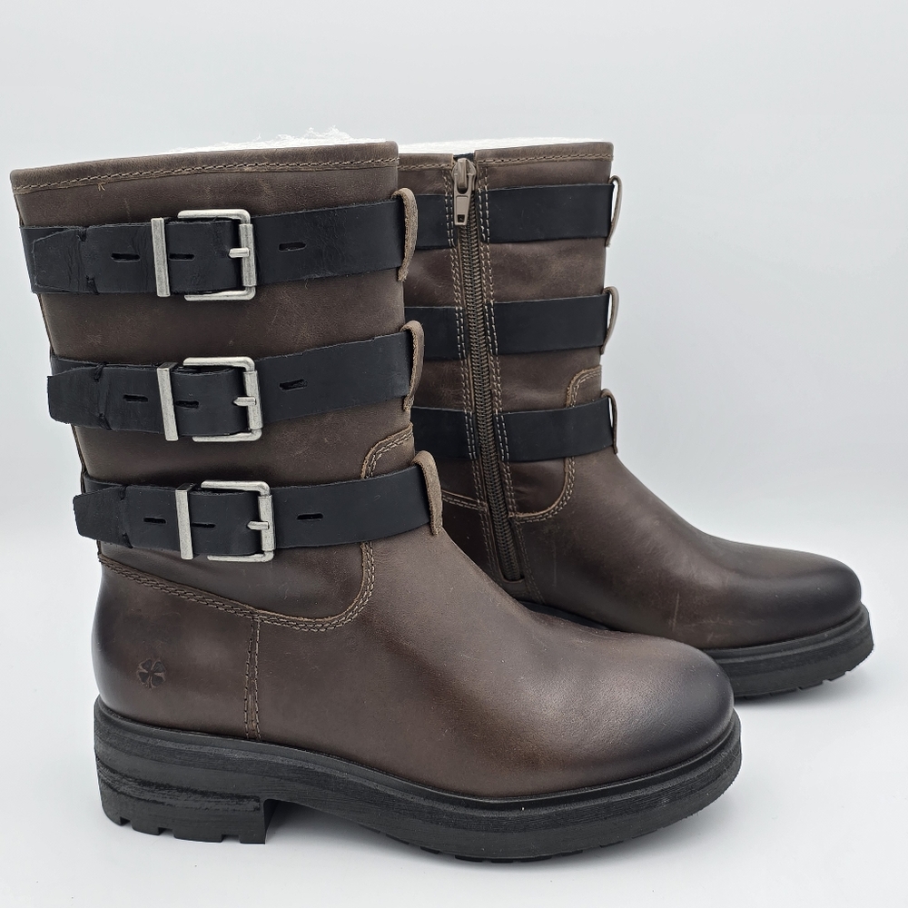Lucky Brand Brown Leather Combat Boots with Black Straps